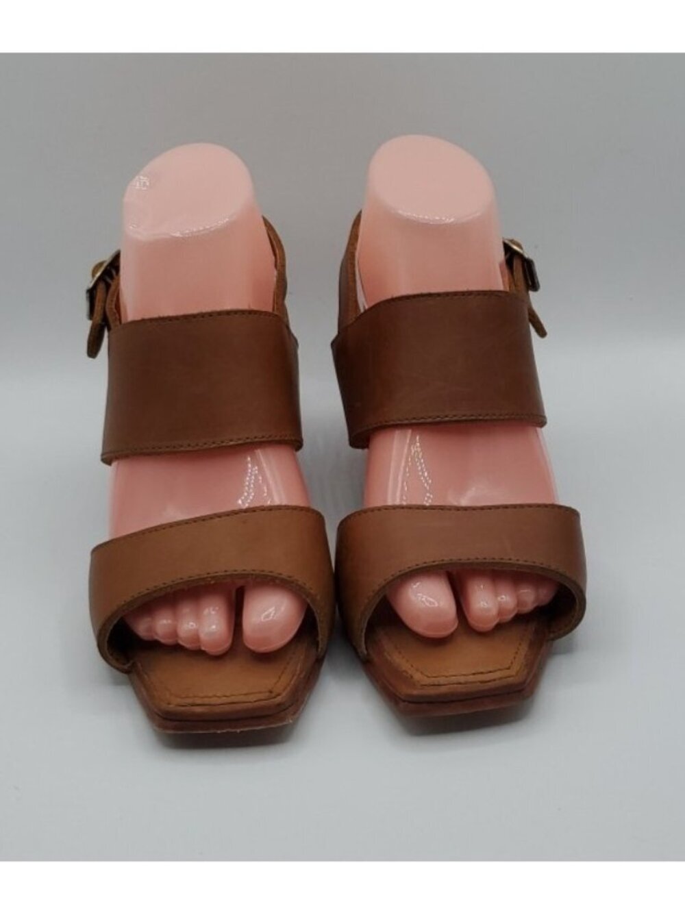 Adelante The Serena Sandal Sz 8C Tan Square Toe Heel Handmade Leather Shoes - Picture 2 of 14